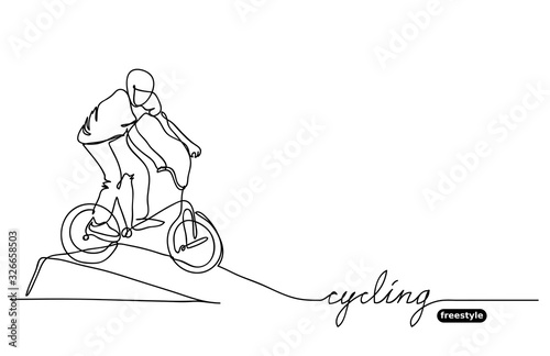 Freestyle BMX cycling vector sketch, doodle. Vector minimalistic banner, background. Sport competition event. One continuous line drawing of cycle trick and lettering cycling.