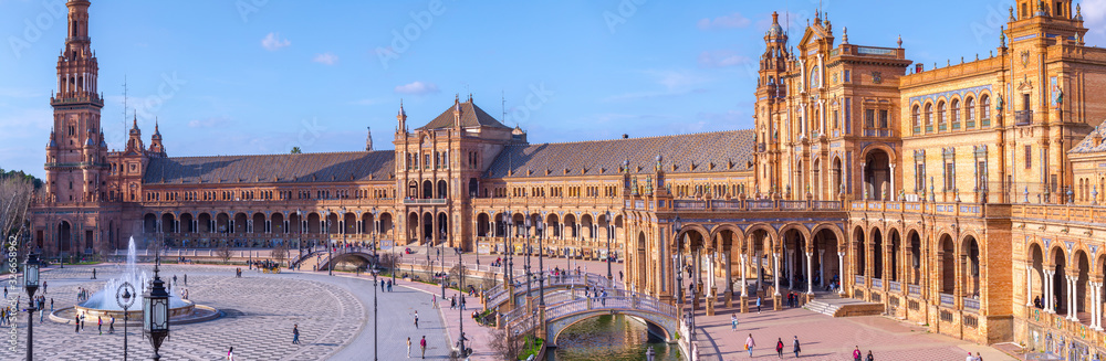 Panoramic view of Spanish Square (Plaza de Espana) in Seville, Andalusia, Spain.