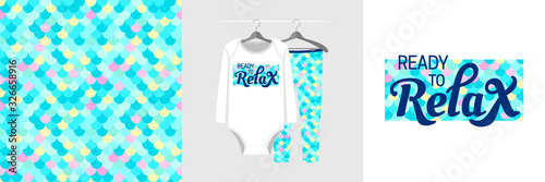 Seamless pattern and illustration for a kid with fish scales, Ready to Relax text