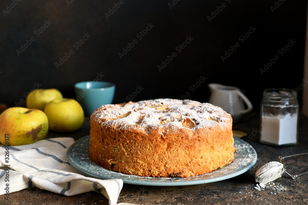 Naklejka premium Charlotte - a classic pie with apples on a concrete background.