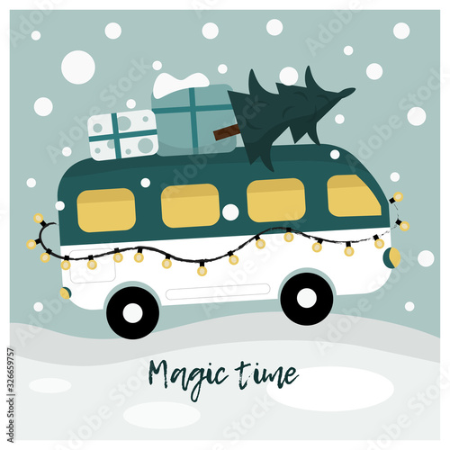 Cute christmas illustration with bus and gifts