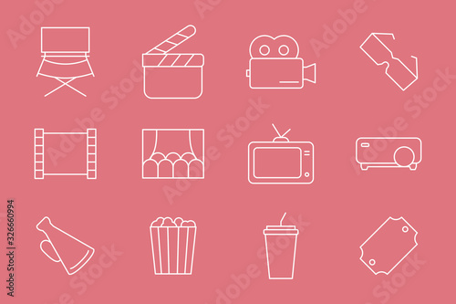 Movie Icons set - Vector outline symbols of film, cinema, video for the site or interface