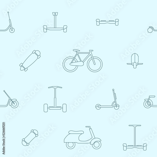 Eco-friendly transport background - Vector seamless pattern of scooter, monowheel, hoverboard, bicycle and skateboard for graphic design