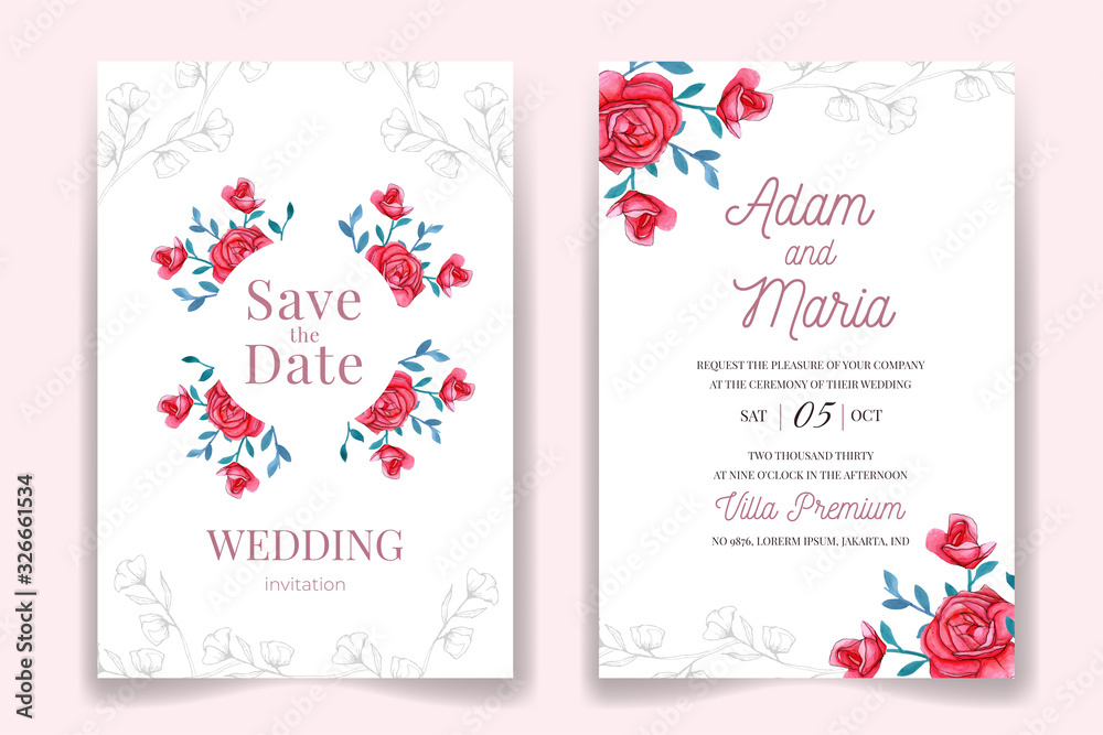 Wedding invitation card template set with water color floral frame and border Flowers decoration for save the date, greeting, rsvp, thank you, poster, cover Botanic illustration premium vector