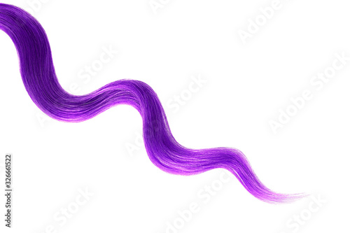 Purple hair on white background, isolated. Thin curly thread