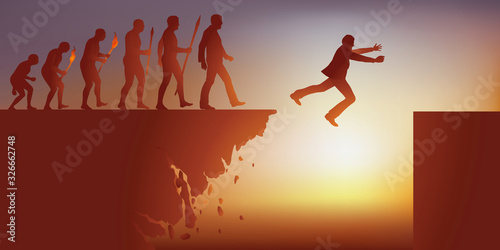 Concept de la fin du monde avec le symbole de l’évolution de l’homme de Darwin qui aboutit à la destruction de la planète et la tentative désespéré d’échapper à l’apocalypse.
