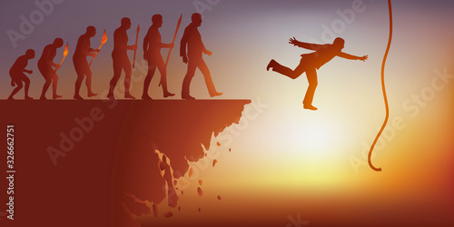 Concept de la fin du monde avec le symbole de l’évolution de l’homme de Darwin qui aboutit à la destruction de la planète et un homme qui tente de saisir la corde de la dernière chance.