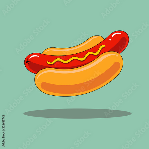 Hand drawn doodle hot dog with long appetizing Vienna sausage with mustard in the traditional bun on gray background with shadow. Typical New York style fast food from city street vending cart
