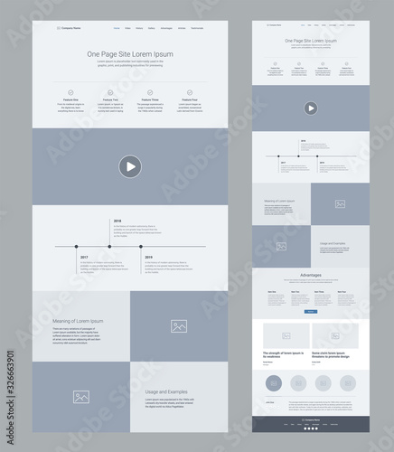 Landing page wireframe design for business. One page website layout template. Modern responsive design. UX UI website: features, video, timeline, advantages, articles, testimonials, pricing.