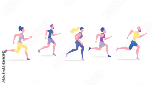 Active people characters running marathon distance. Healthy lifestyle concept, summer outdoor. Athlete, sprinter-sportsmen and sportswomen run marathon, sprint race. Flat, cartoon, trendy, vector EPS.