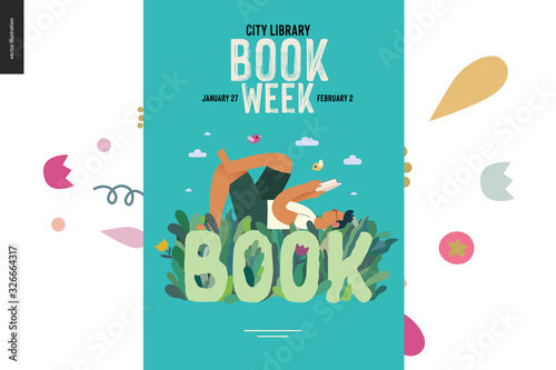 World Book Day graphics, poster grass -book week events. Modern flat vector concept illustrations of reading people -a brunette man laying down in the grass, reading a book