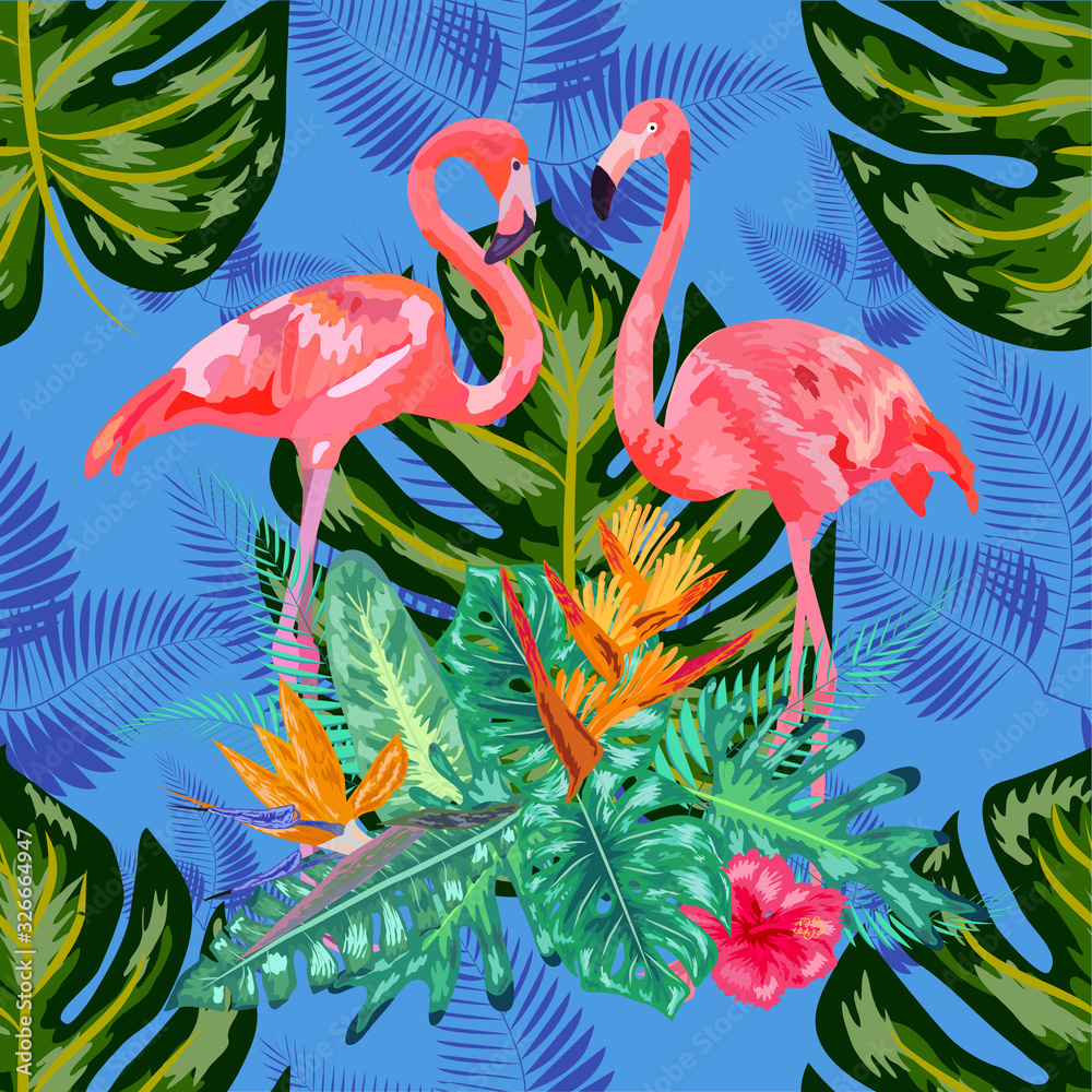 Obraz premium Beautiful seamless floral exotic pattern with tropical flowers, palm leaves, jungle plants, hibiscus, bird of paradise flower, pink flamingos.