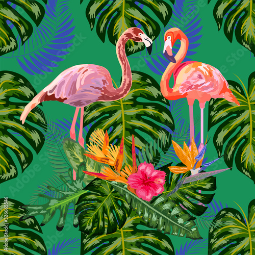 Beautiful hand drawn seamless pattern with palm leaves and flamingo.