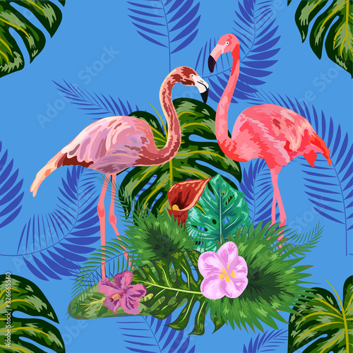 Beautiful seamless floral exotic pattern with tropical flowers, palm leaves, jungle plants, hibiscus, bird of paradise flower, pink flamingos.