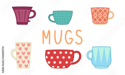 cartoon coffee or tea mugs, set of cups icons, editable vector illustration for decoration, card, print, stickers