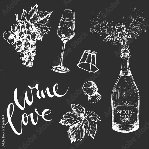 Monochrome hand-drawn wine set on dark background