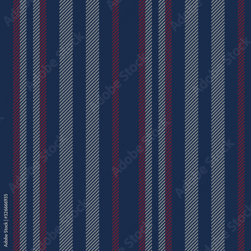 Striped textile pattern seamless vector background. Dark vertical stripes in navy blue, bordo red, and grey for menswear shirt, loungewear, or other modern textile print.