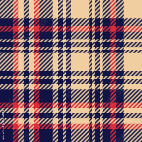 Plaid pattern background. Seamless dark large asymmetric check plaid graphic in blue, red, and sand beige for flannel shirt, blanket, throw, upholstery, duvet cover, or other modern fabric design.