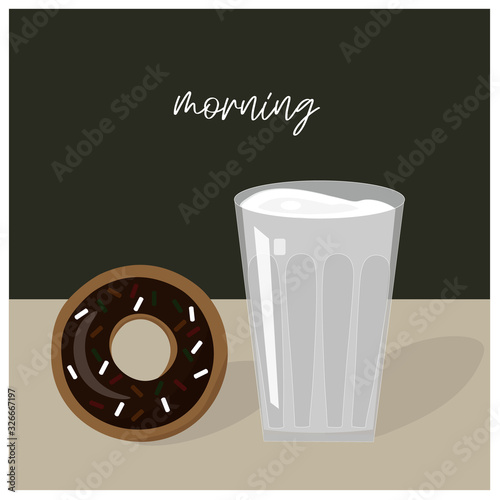 Vector illustration with a glass of milk and a chocolate donut