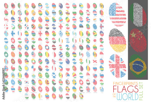 Set of 204 fingerprints colored with the national flags of all the sovereing countries of the world. Icon set Vector Illustration.