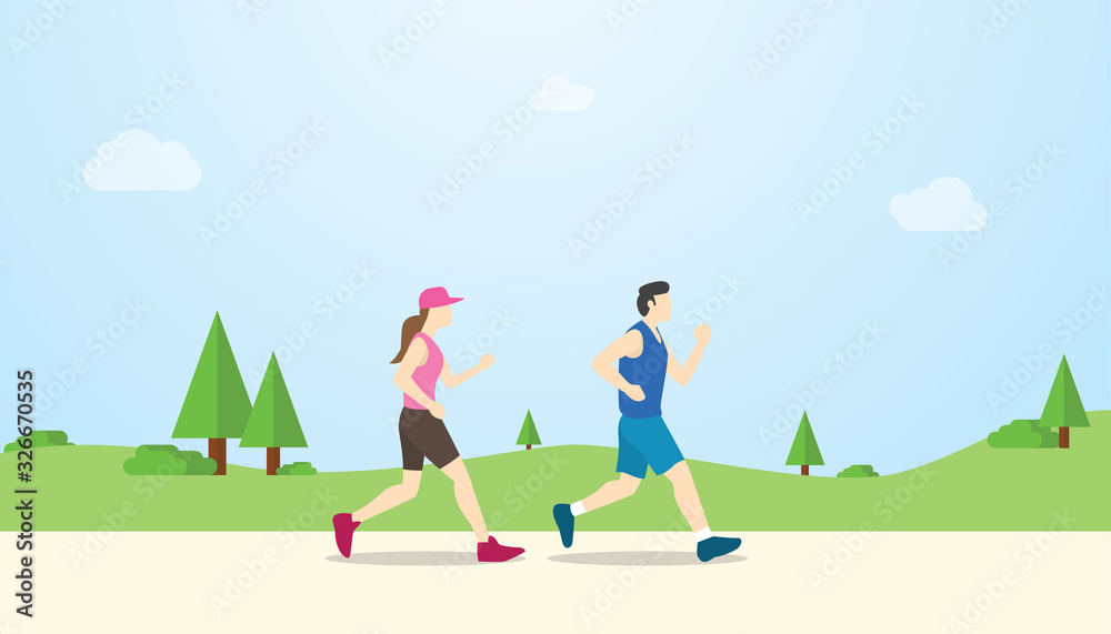 couple run together with nature background with clear sky with modern flat style