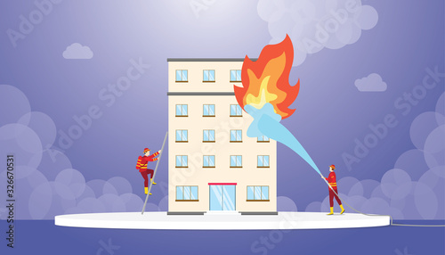 firefighter team work on fire building with water splash concept with modern flat style