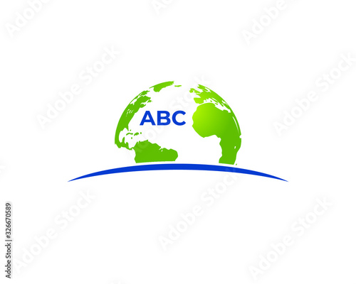 Green earth globe as background behind letter a b c with horizon ground as the base