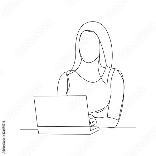 Continuous line drawing of business woman sitting with laptop at office. Vector illustration.
