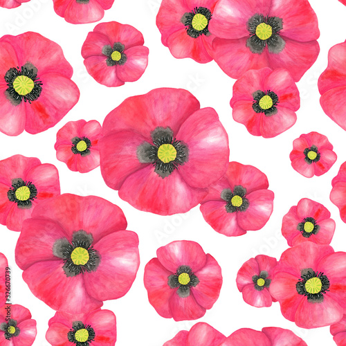 Watercolor red Poppy seamless pattern. Hand drawn botanical Papaver flower illustration isolated on white background. Bright field plant texture for decoration  design  textile  printing.
