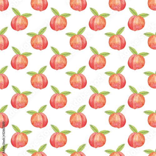 peaches and leaves watercolor seamless pattern. Background for design postcard, poster