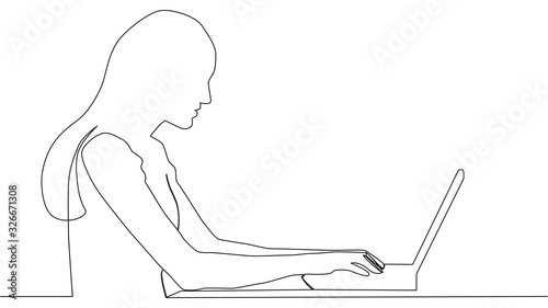 continuous line drawing of woman sitting with computer laptop