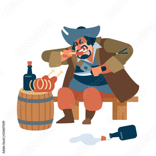 Medieval big man. Scary pirate eats meat with pleasure with a knife in his hand. The character of the pirate. Vector illustration of flat cartoon on white background.