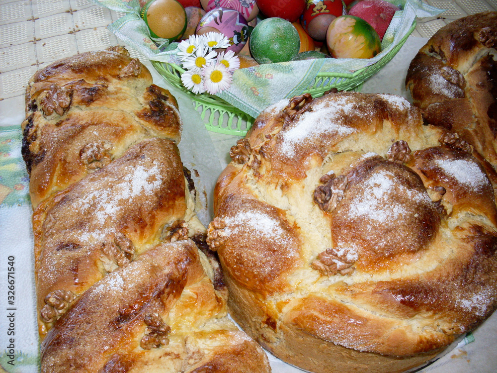 Kozunak traditional Easter bread in Bulgaria. Kozunak is a sweet ritual bread made at home for Easter. In Romania cozonac, Greece Tsoureki, Italy Panettone, France Brioche, Russia kulich.