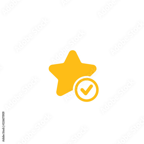 Valid Seal icon. Golden star with white tick. Flat OK sticker icon. Isolated on white.