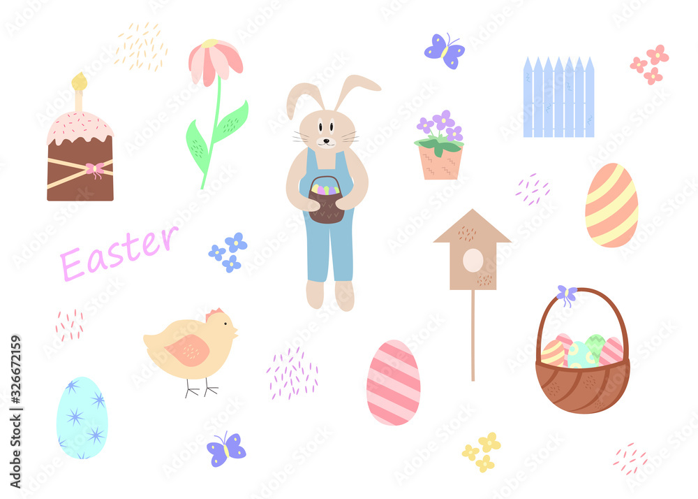 Easter cartoon characters and decor elements. Set of Easter vector illustrations on a white background. Bunny chick Easter eggs flowers. Easter cartoon characters and decor elements. Set of Easter vector illustrations on a white background. Bunny chick Easter eggs flowers.