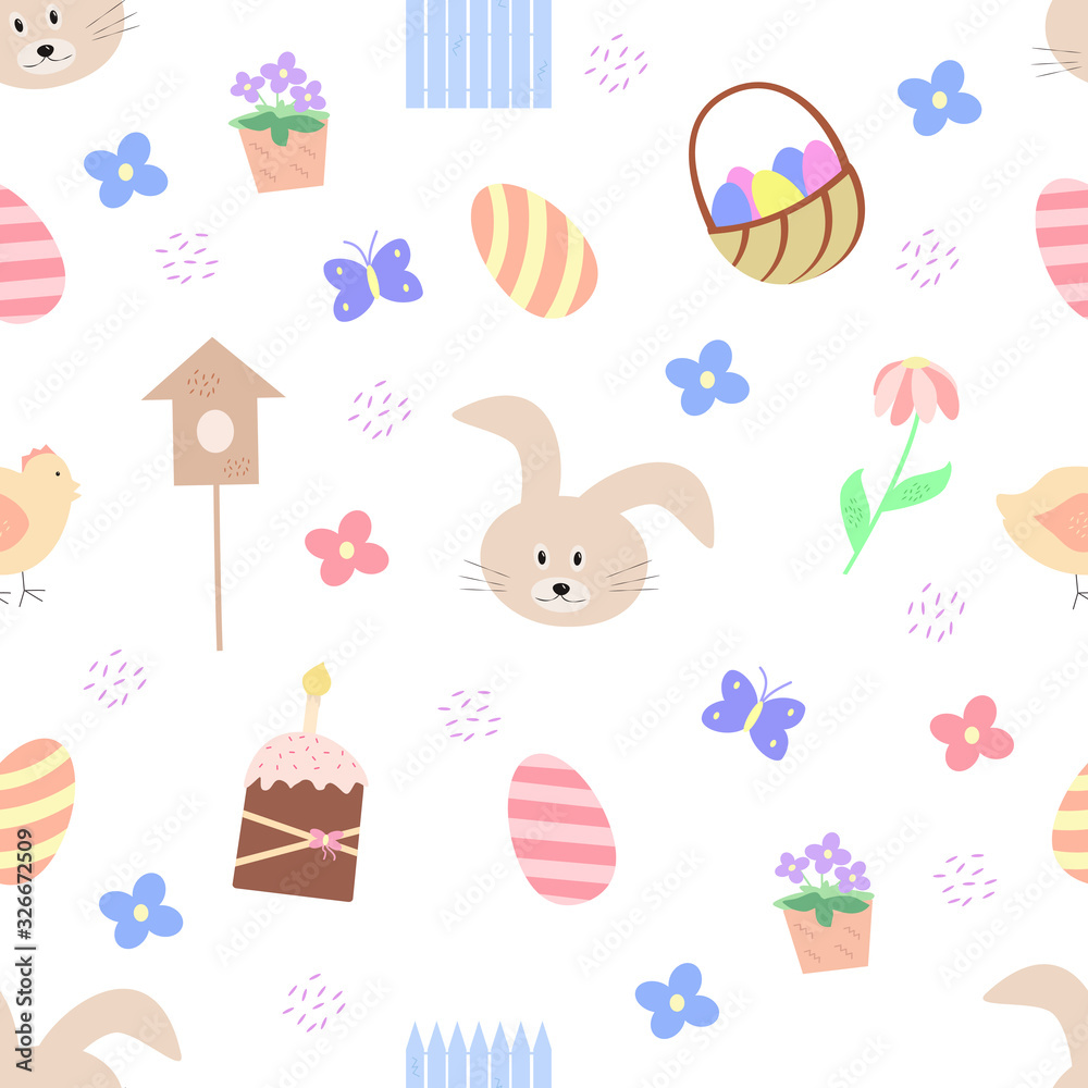 Seamless pattern of Easter elements. Easter cartoon characters and decor elements. Bunny chick Easter eggs flowers. Seamless pattern of Easter elements. Easter cartoon characters and decor elements. Bunny chick Easter eggs flowers.