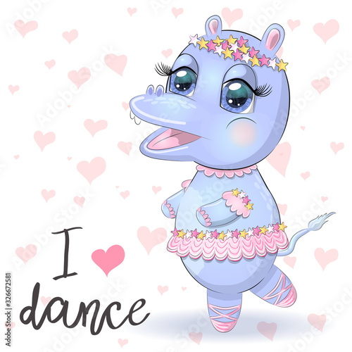 hand drawn cartoon hippo dancing ballet in a tutu. dancing animals.Children's illustration