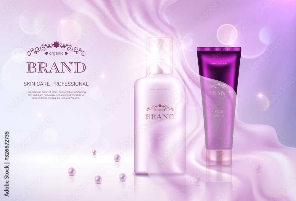 Realistic tonic bottle and face mask tube with golden lids on pink bokeh background with smooth transparent chiffon fabric. Advertising poster for the promotion of cosmetic skin care premium product Realistic tonic bottle and face mask tube with golden lids on pink bokeh background with smooth transparent chiffon fabric. Advertising poster for the promotion of cosmetic skin care premium product