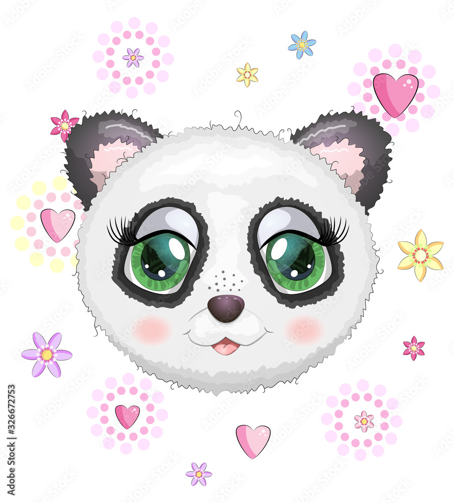 Cute panda cartoon girl face with bright expressive eyes with flowers and stars. Cute panda cartoon girl face with bright expressive eyes with flowers and stars.