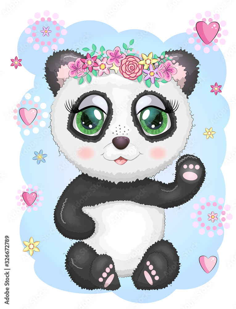 Fototapeta premium Cute romantic panda with wreath of flowers.