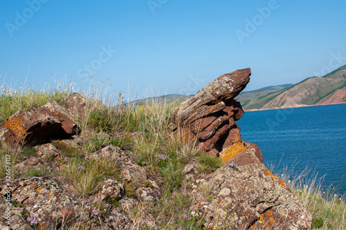 The rocky coast on the Siberian river Yenisei