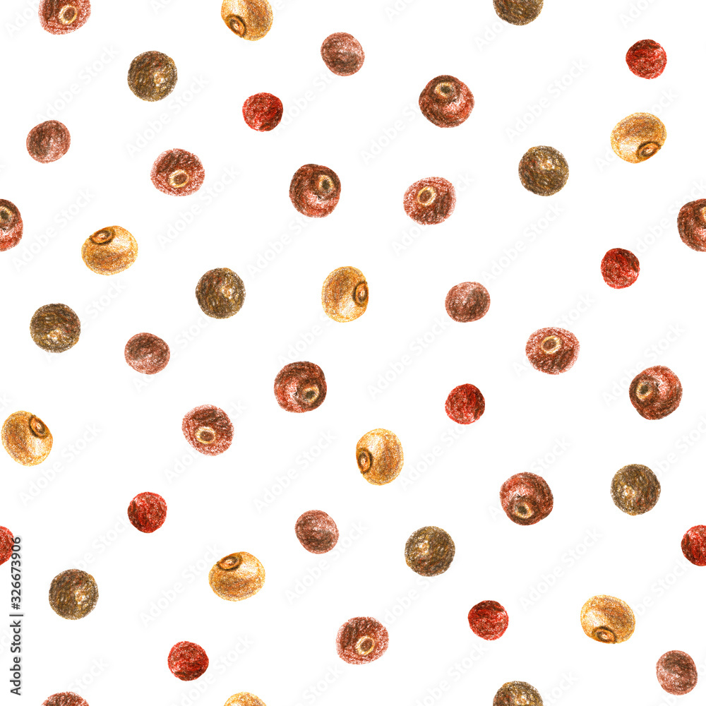 Seamless pattern with allspice on a white background. Drawing with colored pencils. Seamless pattern with allspice on a white background. Drawing with colored pencils.