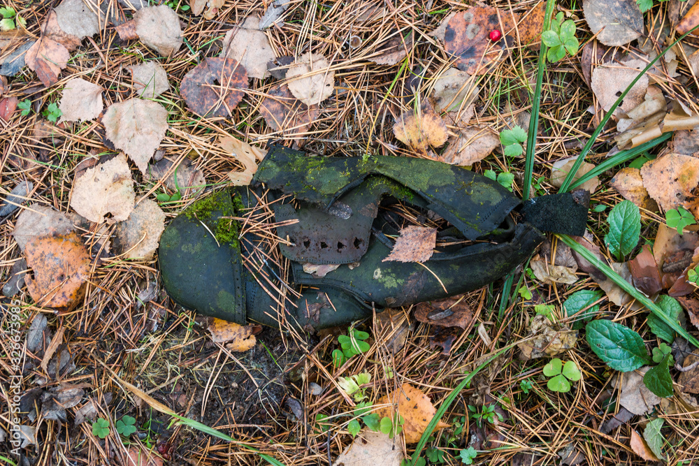 The sole of an old decayed army boot is lined with nails. Abandoned in the old days in the woods.