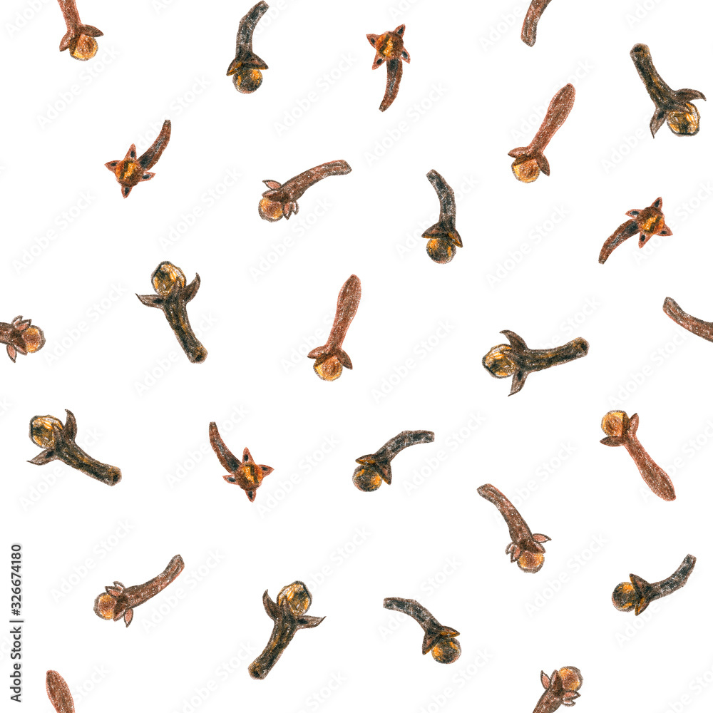 Obraz premium Seamless pattern with clove spice on a white background. Drawing with colored pencils.