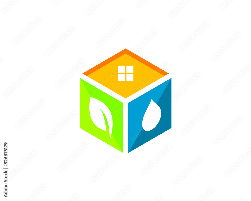 colorful 3d cube as composition of 3 parallelogram with different icon and meaning : window, leaf and water drop colorful 3d cube as composition of 3 parallelogram with different icon and meaning : window, leaf and water drop