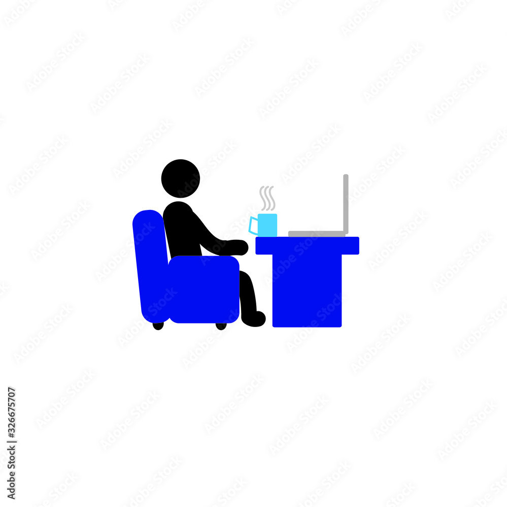 stick a man is sitting on a chair at a table drinking coffee and working on a laptop