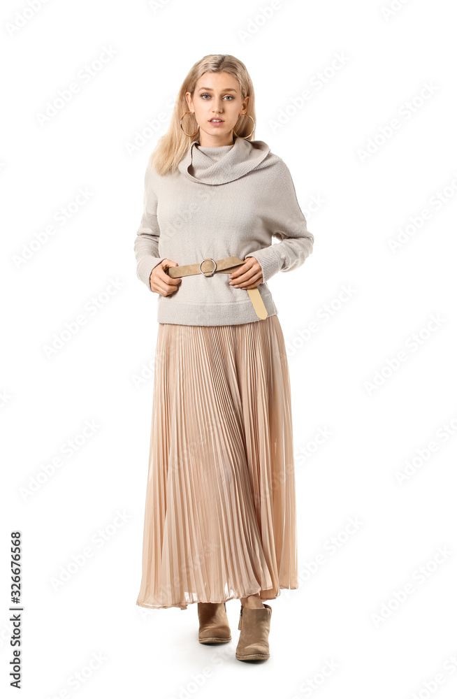 Beautiful young woman in warm sweater on white background Beautiful young woman in warm sweater on white background