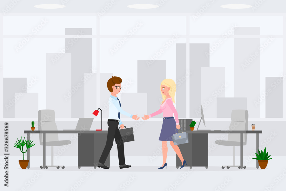 Fototapeta premium Friendly boy and girl hands shaking meeting appointment vector illustration. Two partners making negotiation deal at office interior cartoon character set on cityscape background