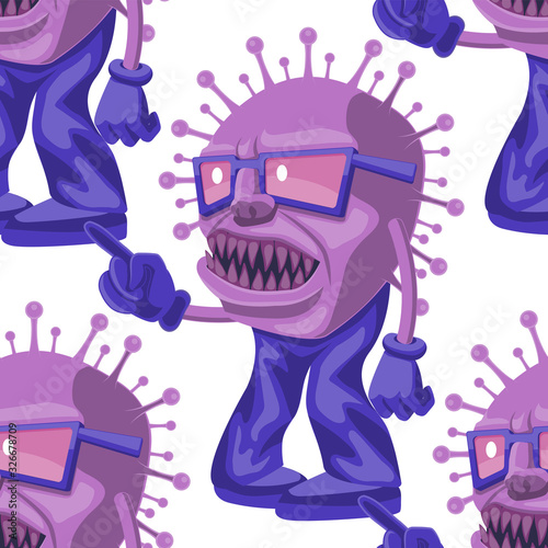 Seamless cartoon virus character pattern on white isolated background. Vector image
