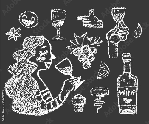 set of white chalk wine doodle illustrations